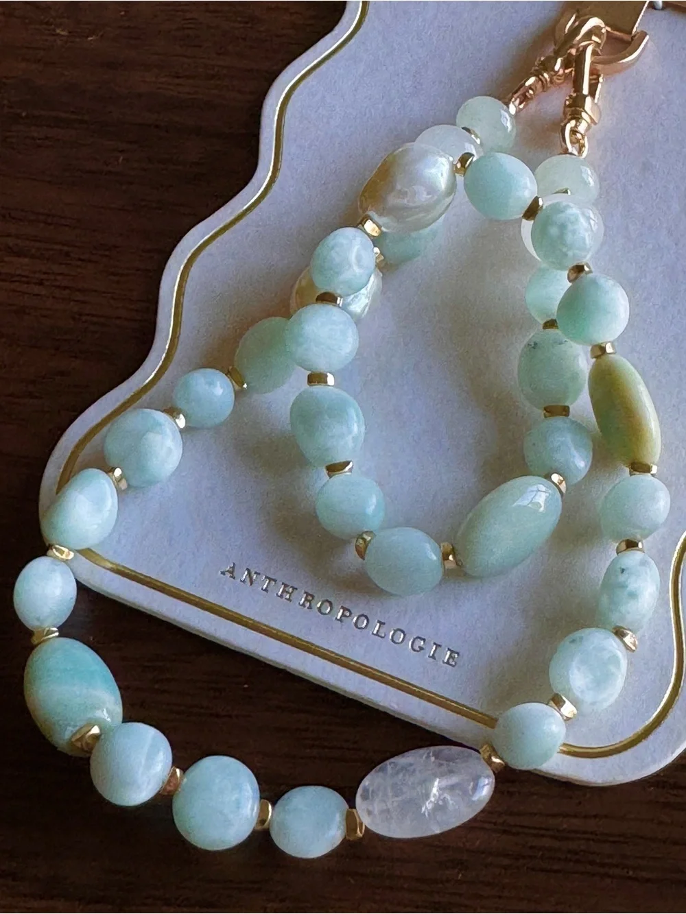 Anthropologie Milky mint Beaded Phone Chain NWT Aqua Pearl Gold Wrist Strap